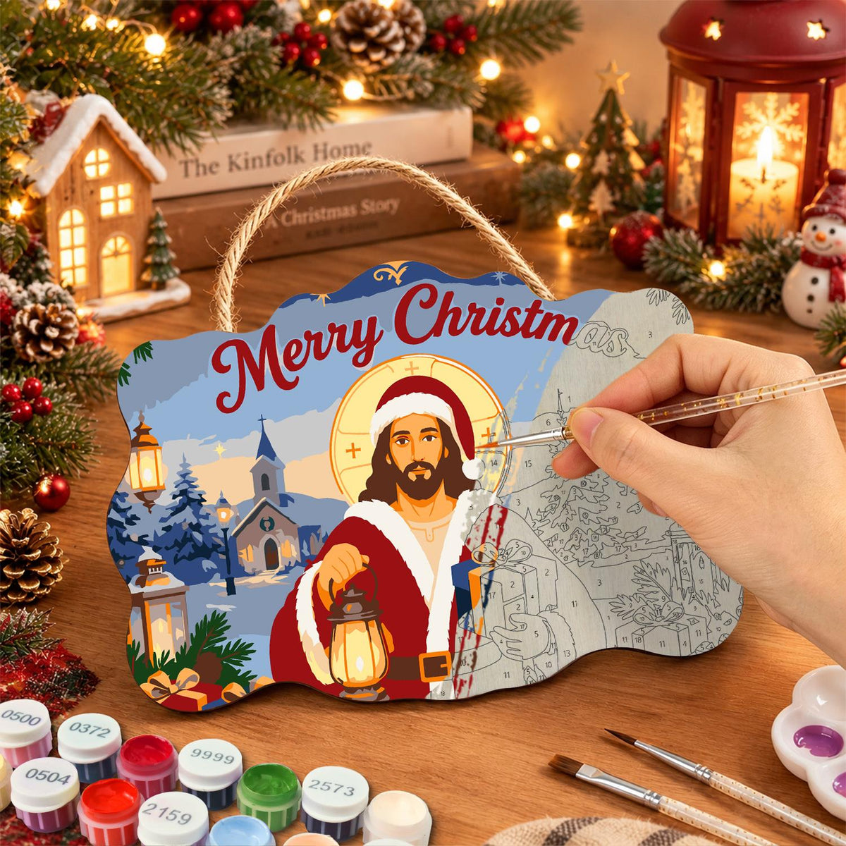 Jesus in Santa Red with Lantern paint by numbers hanging sign – image 7