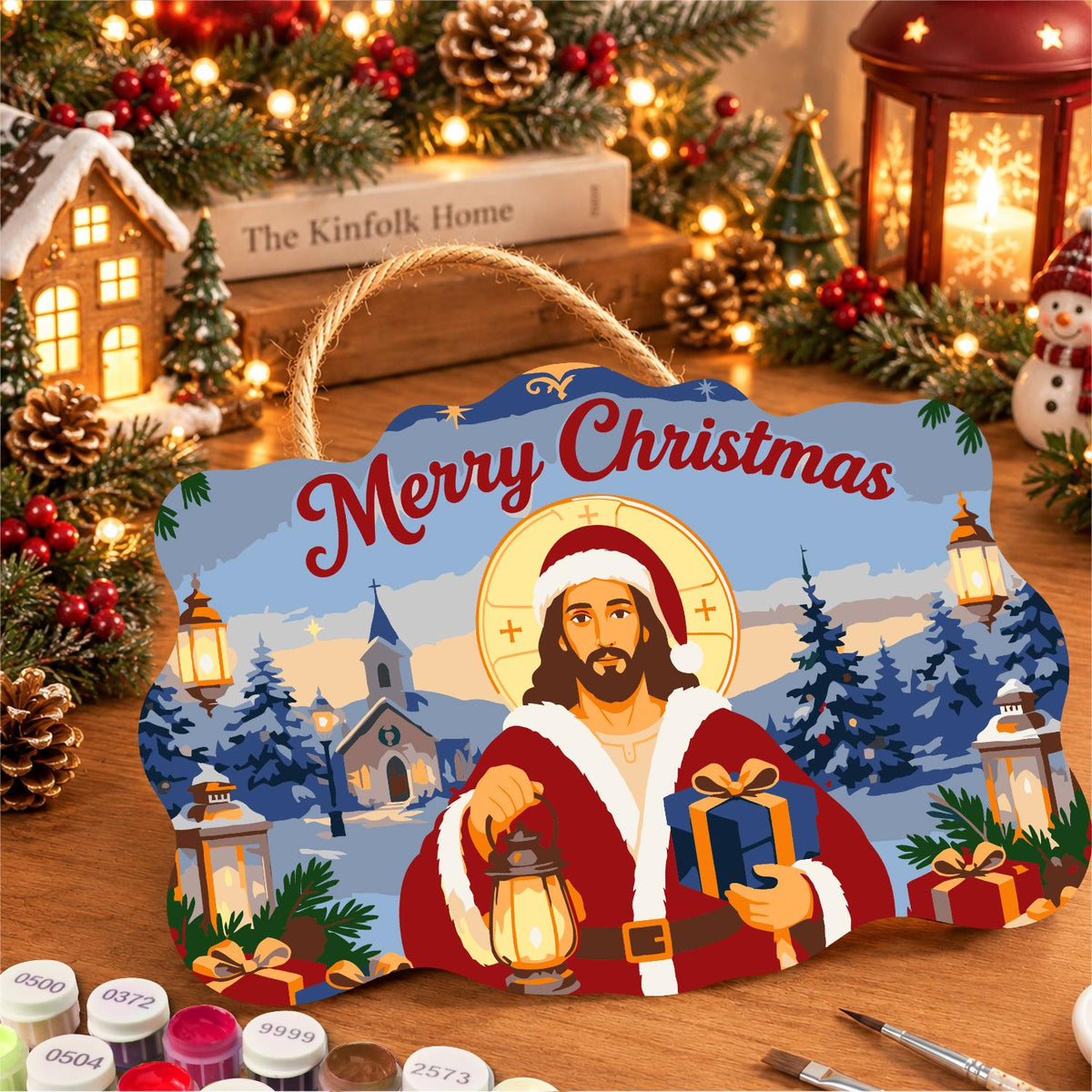 Jesus in Santa Red with Lantern paint by numbers hanging sign – image 8