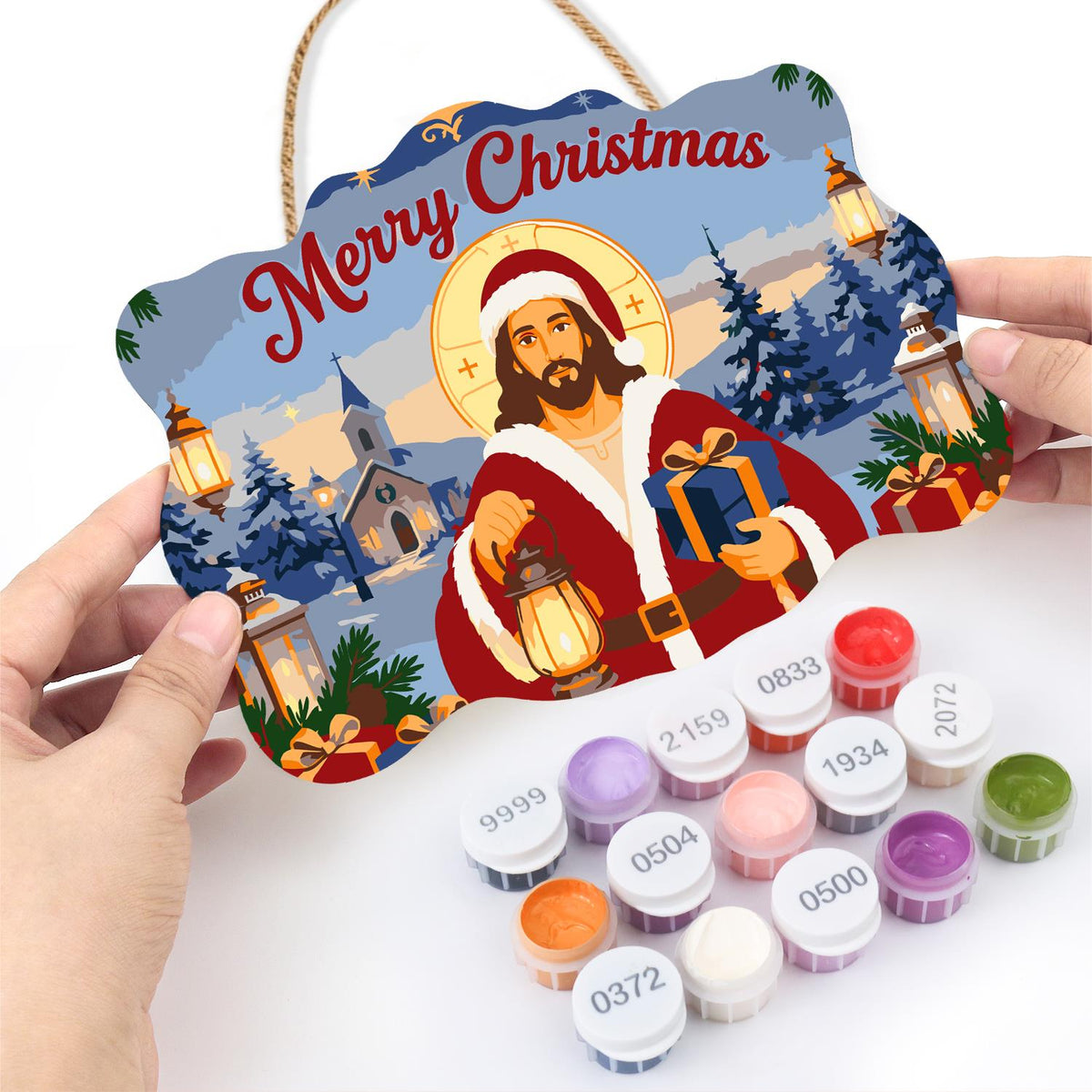 Jesus in Santa Red with Lantern paint by numbers hanging sign – image 9