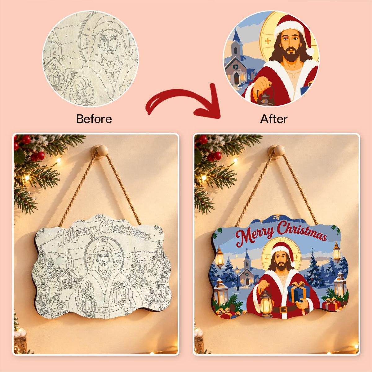 Jesus in Santa Red with Lantern paint by numbers hanging sign – image 10