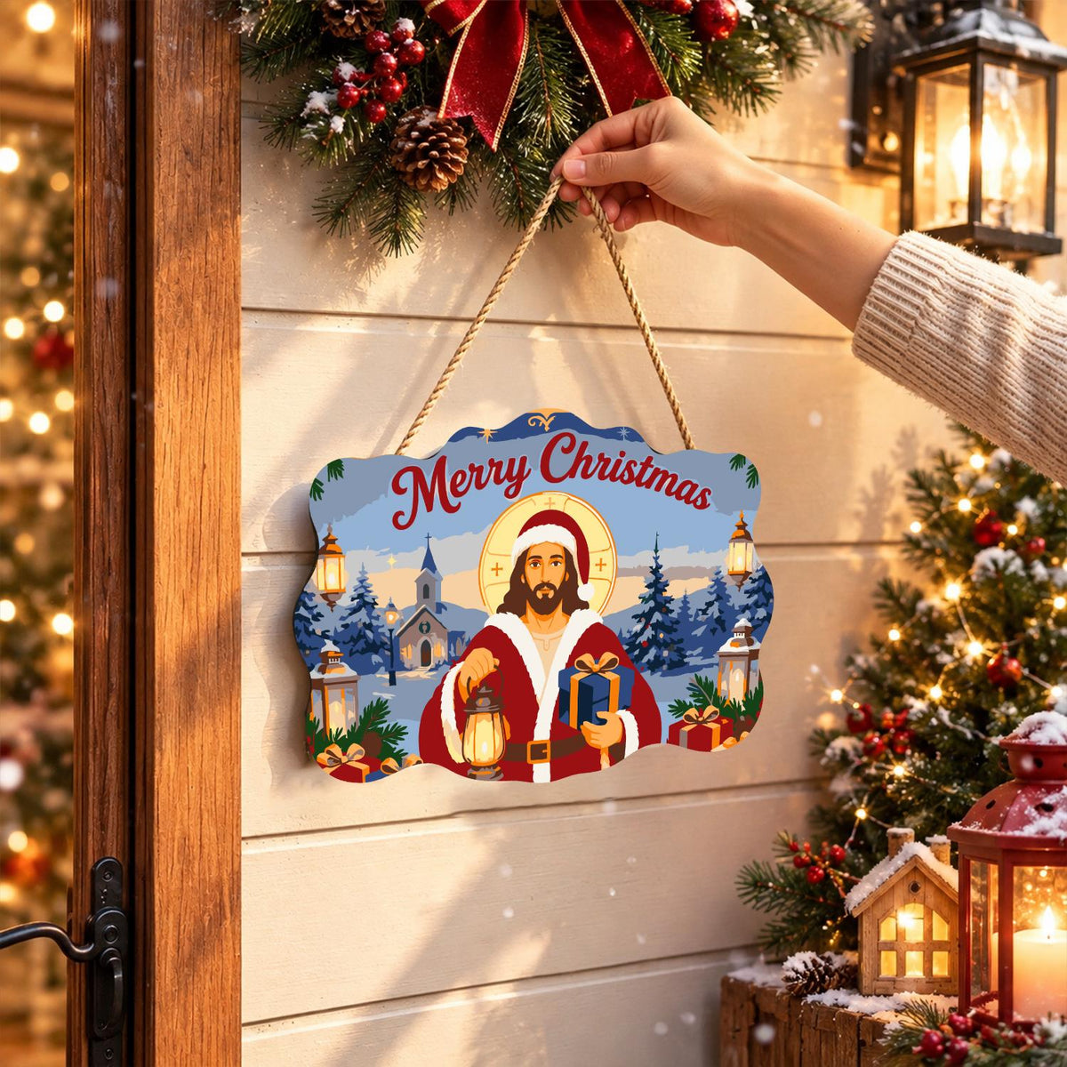 Jesus in Santa Red with Lantern paint by numbers hanging sign – image 14