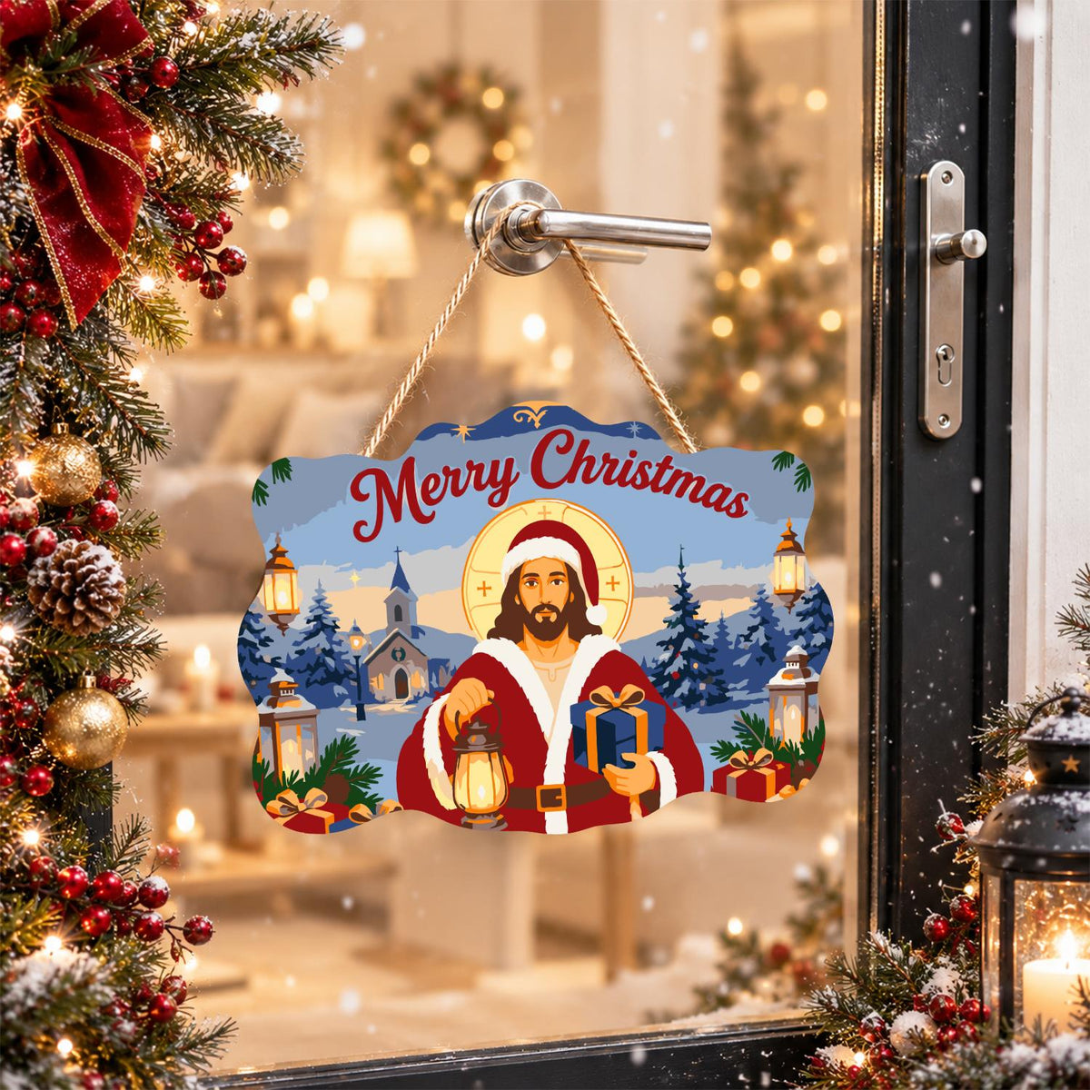 Jesus in Santa Red with Lantern paint by numbers hanging sign – image 17