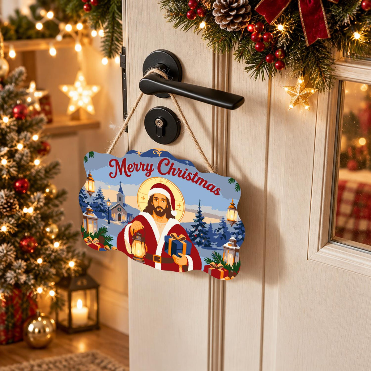 Jesus in Santa Red with Lantern paint by numbers hanging sign – image 18