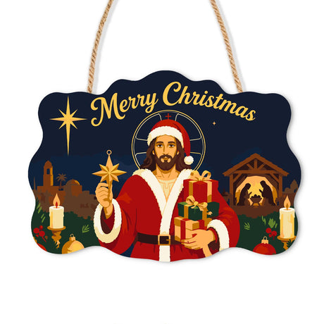 Santa-Suited Jesus Under the Star paint by numbers hanging sign – Haloed Jesus in a Santa hat and red coat holding a star and gifts under a bright star with a nativity stable, on a wooden sign with a rope hanger