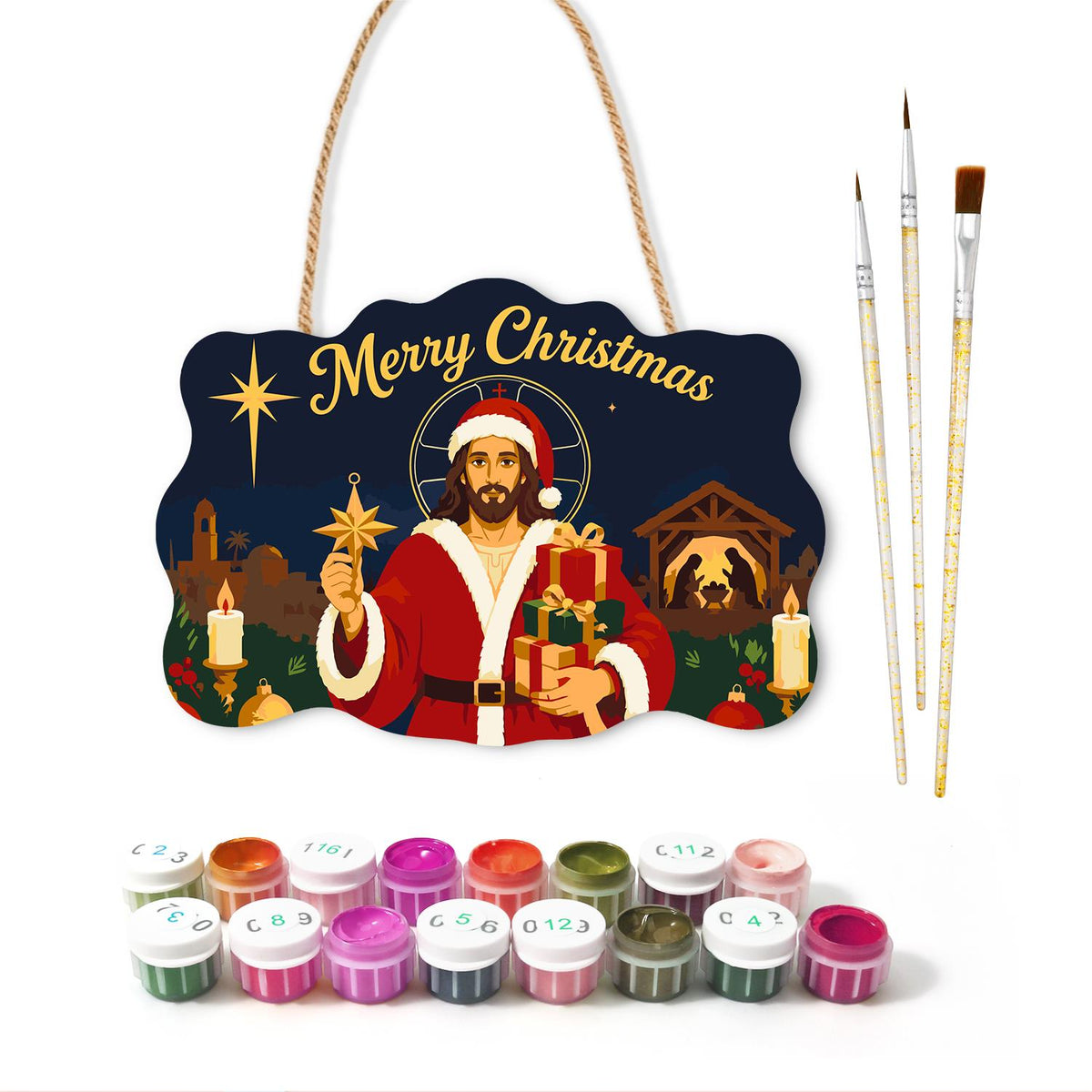 Santa-Suited Jesus Under the Star paint by numbers hanging sign – image 2