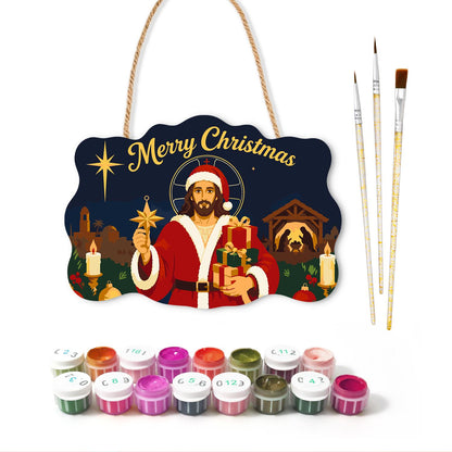 Santa-Suited Jesus Under the Star paint by numbers hanging sign – image 2