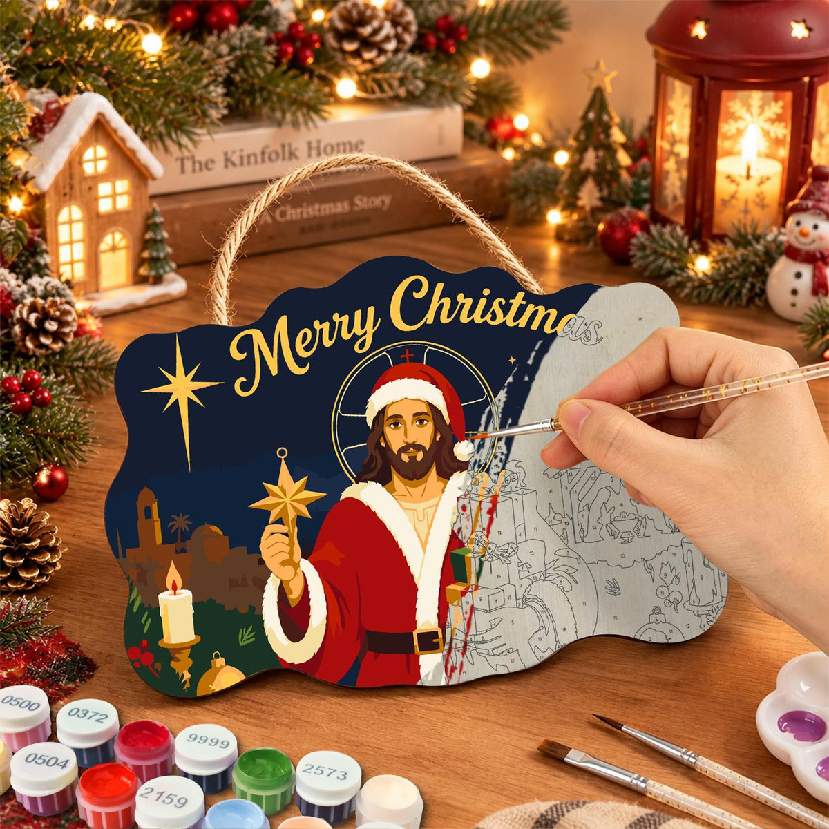 Santa-Suited Jesus Under the Star paint by numbers hanging sign – image 7