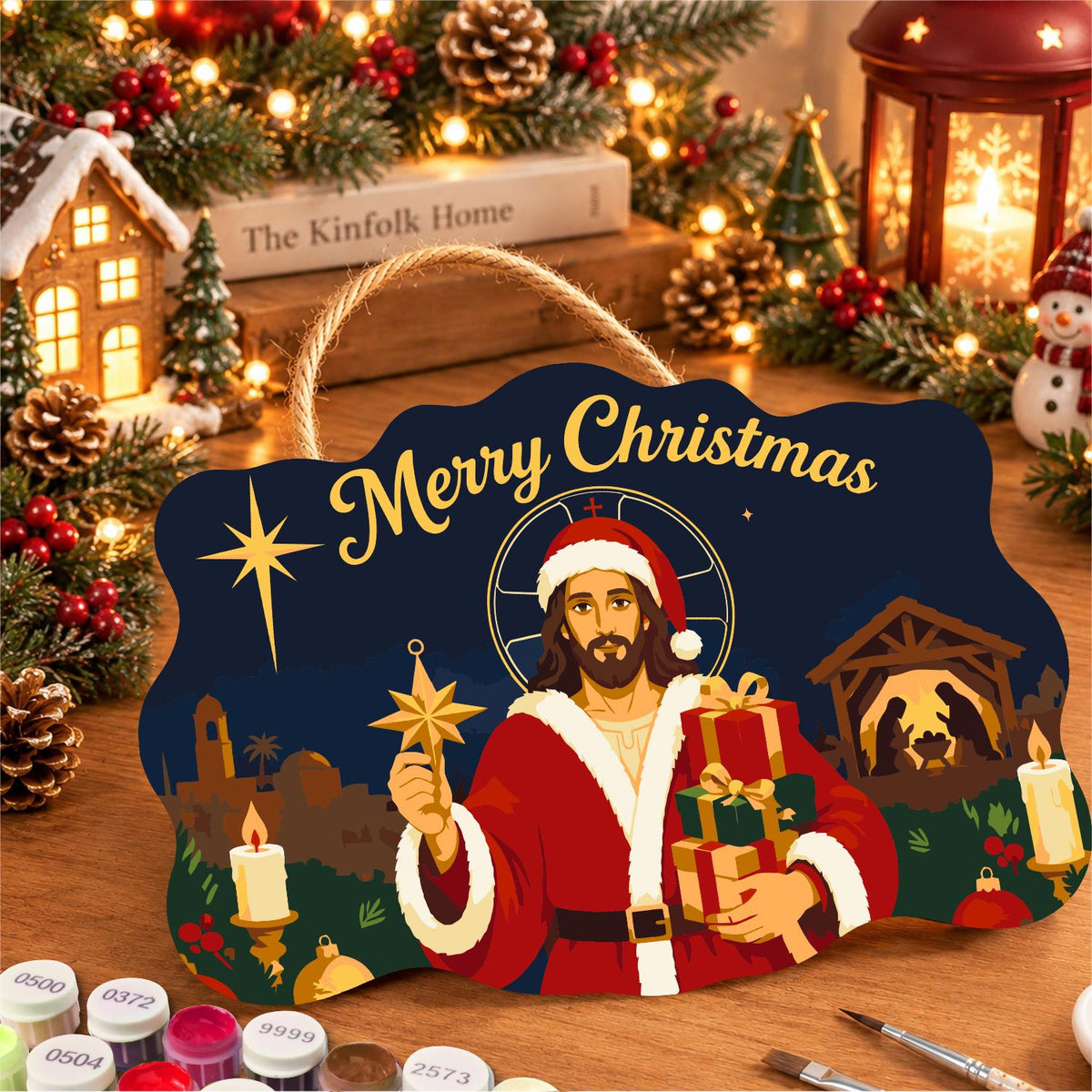 Santa-Suited Jesus Under the Star paint by numbers hanging sign – image 8