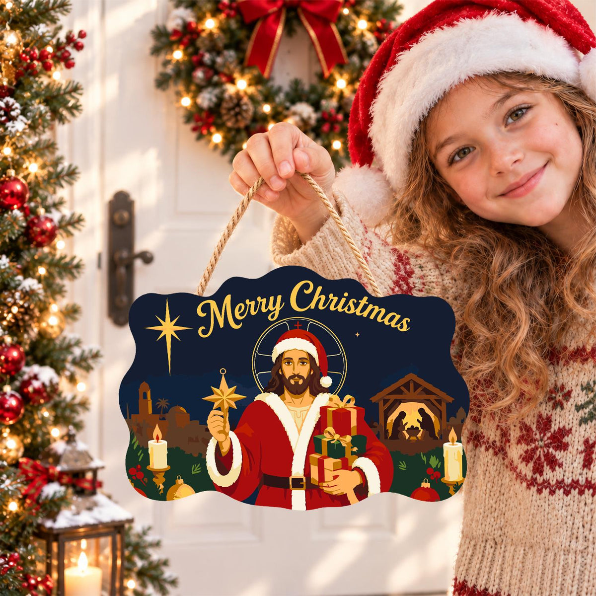 Santa-Suited Jesus Under the Star paint by numbers hanging sign – image 13