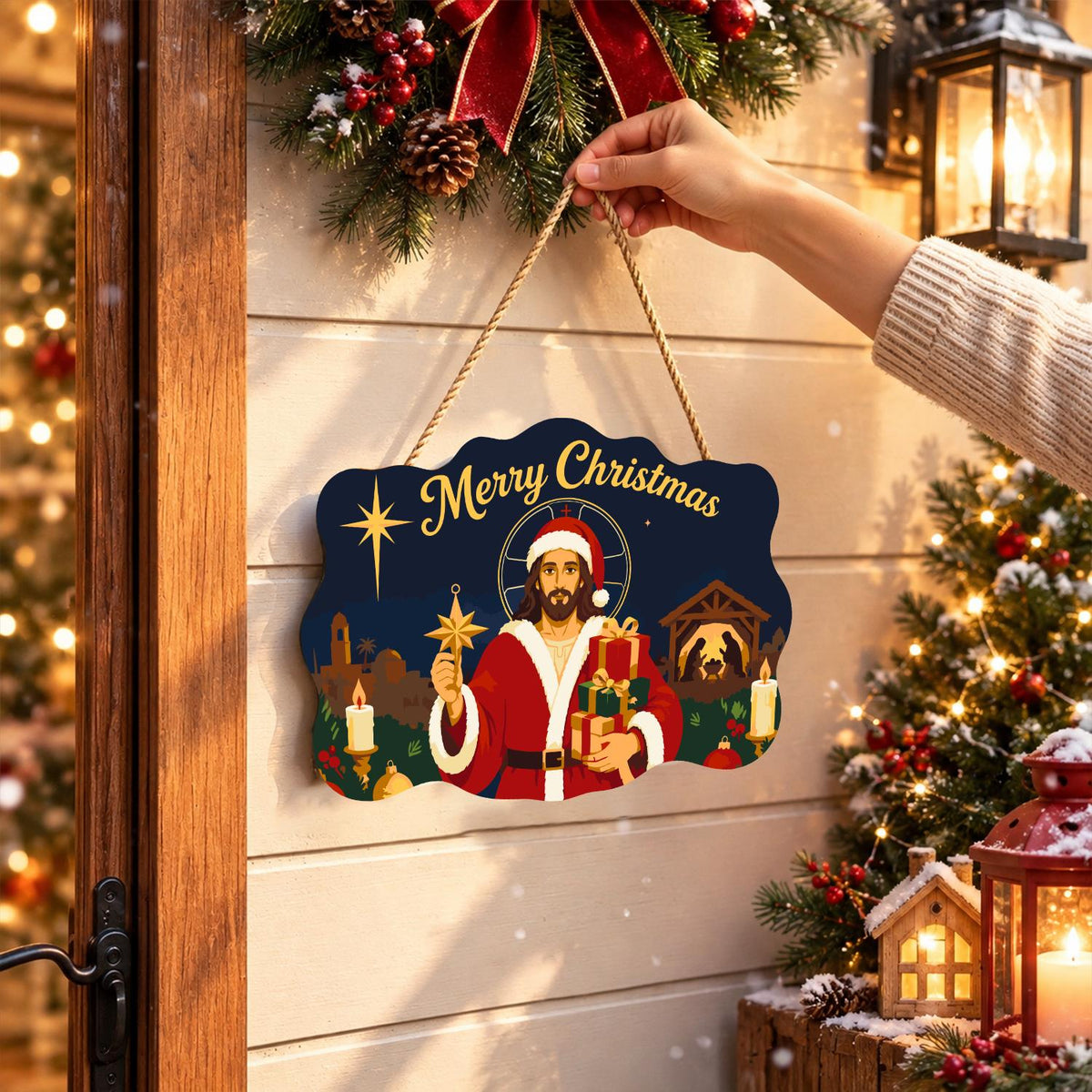 Santa-Suited Jesus Under the Star paint by numbers hanging sign – image 14