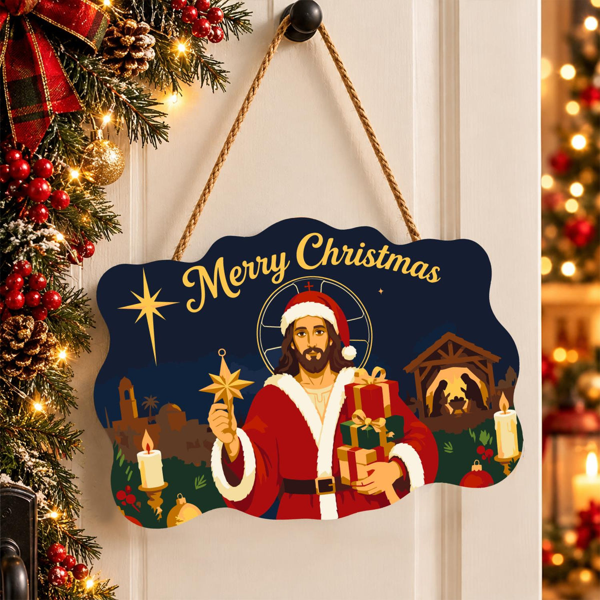 Santa-Suited Jesus Under the Star paint by numbers hanging sign – image 16