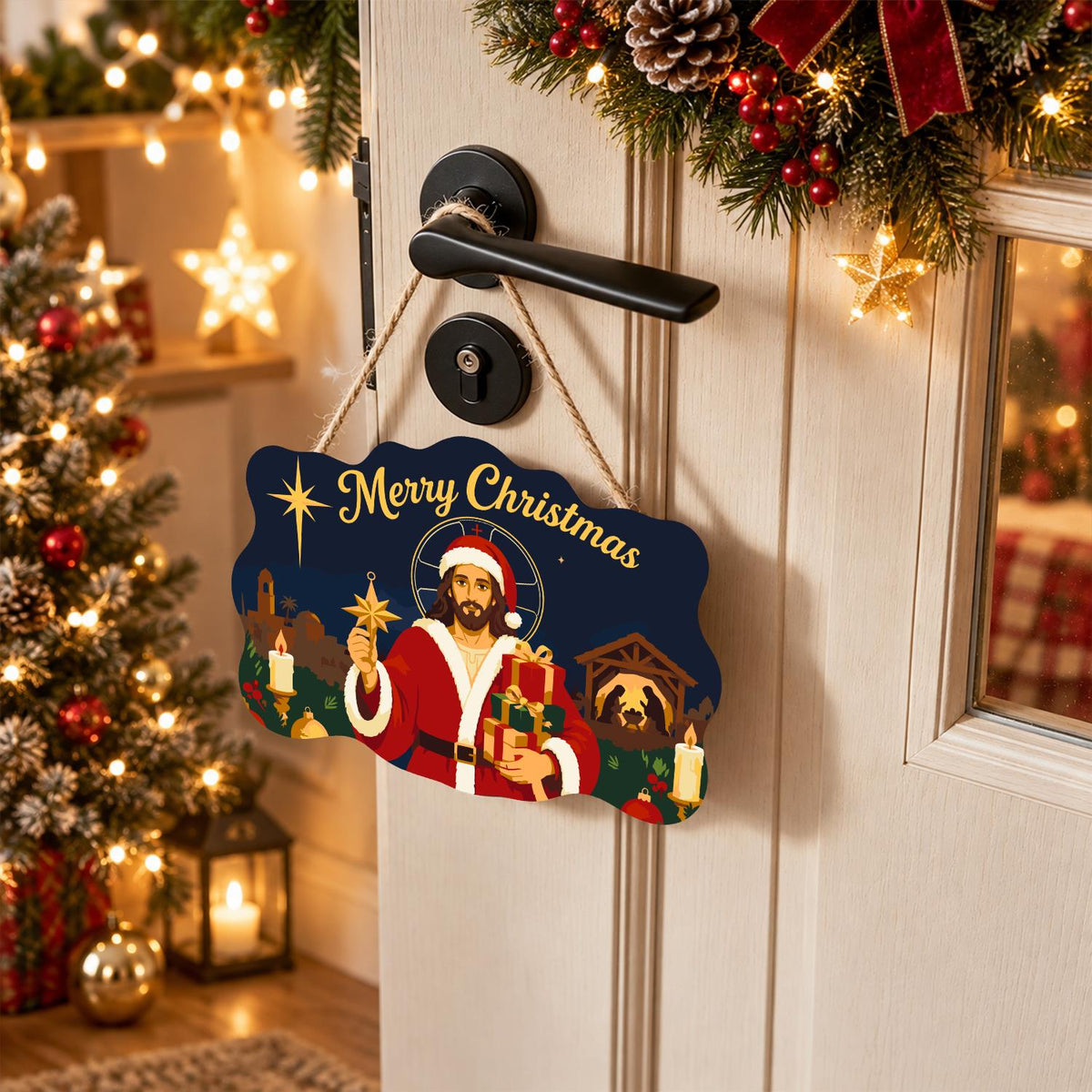 Santa-Suited Jesus Under the Star paint by numbers hanging sign – image 18