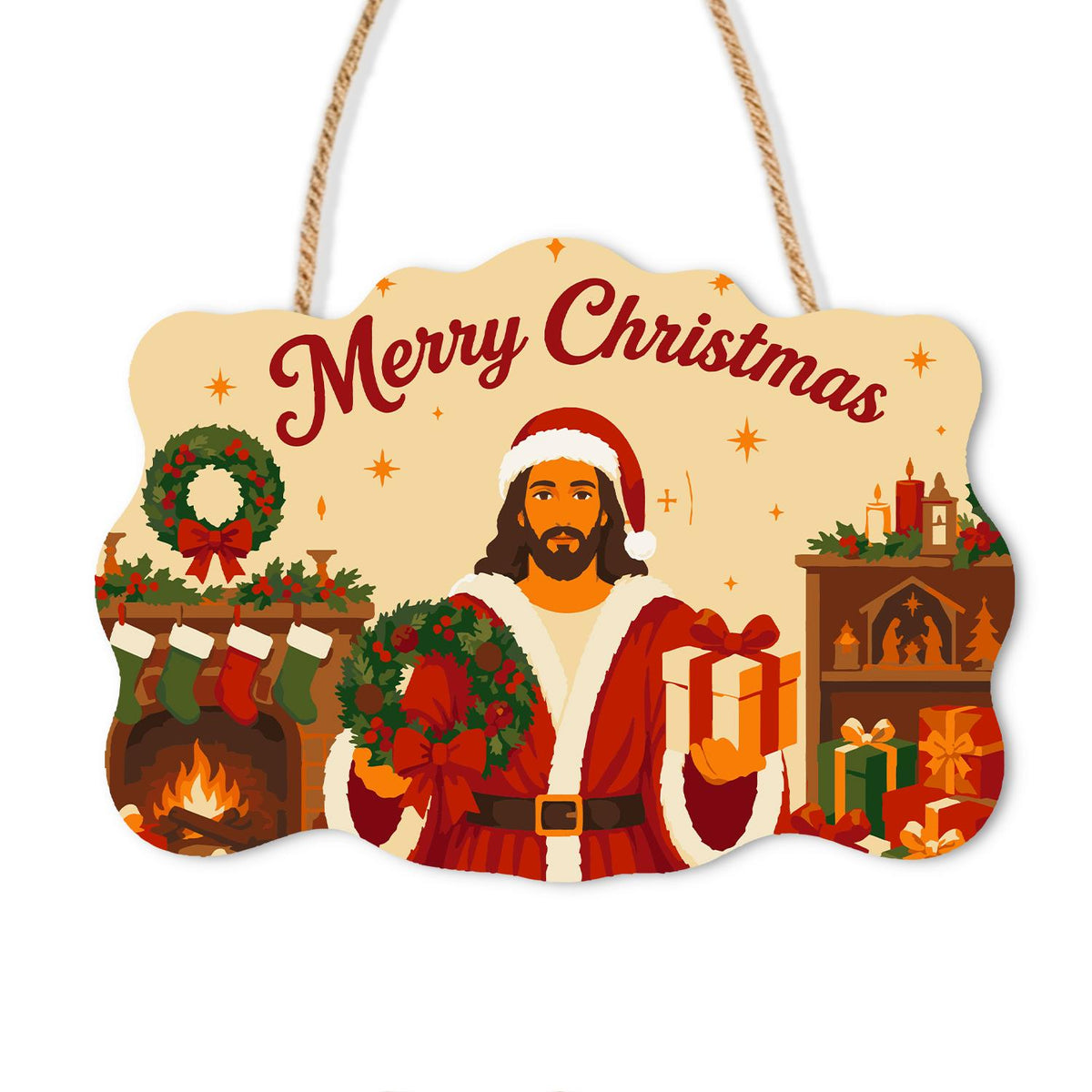 Fireside Jesus in a Santa Suit paint by numbers hanging sign – Jesus in a Santa hat and red coat holding a wreath and gift beside a fireplace hung with stockings, on a wooden sign with a rope hanger