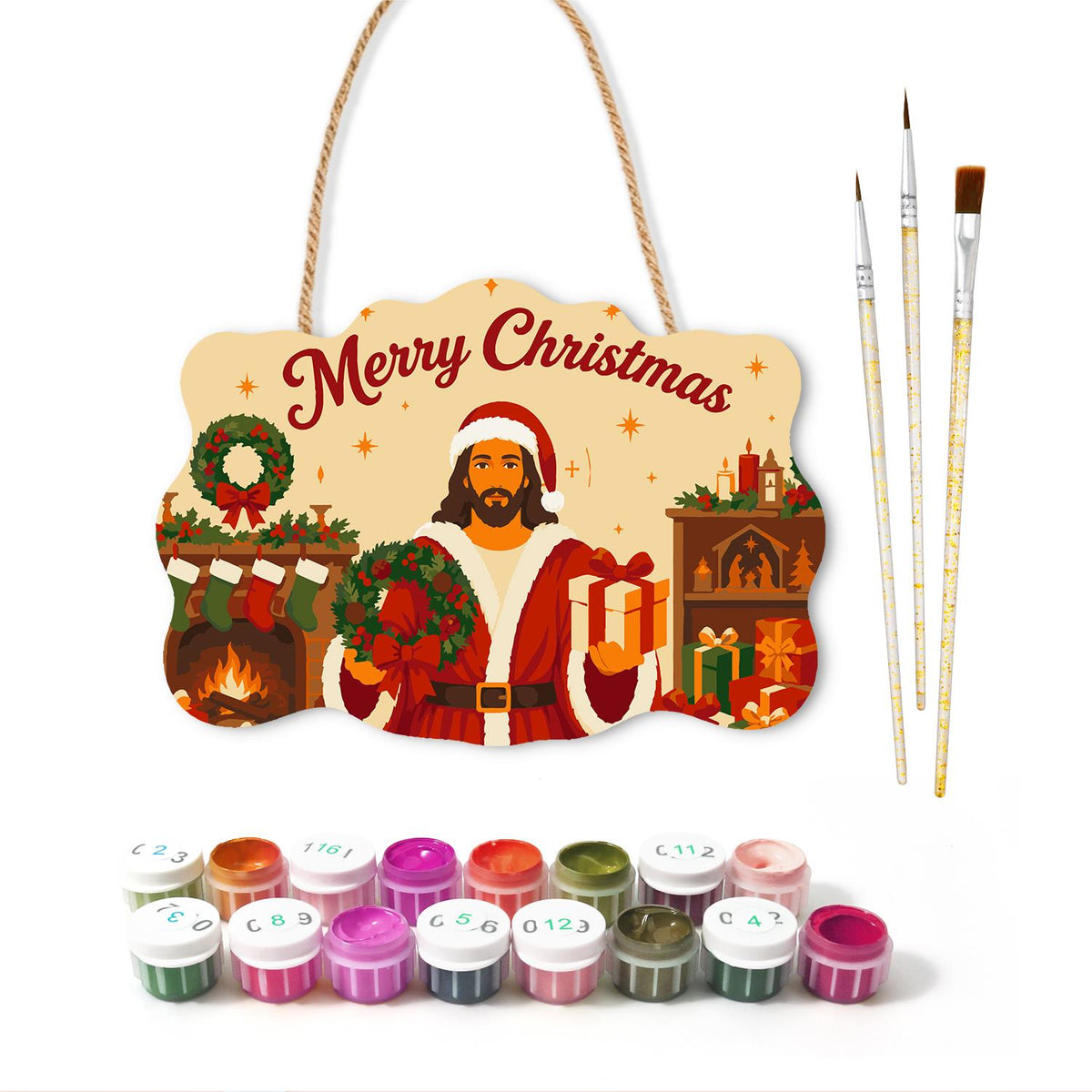 Fireside Jesus in a Santa Suit paint by numbers hanging sign – image 2