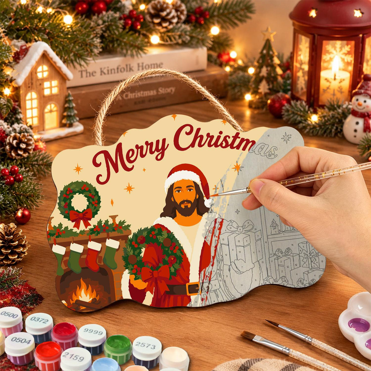 Fireside Jesus in a Santa Suit paint by numbers hanging sign – image 7