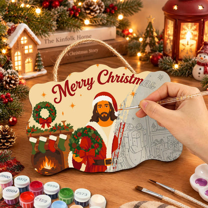 Fireside Jesus in a Santa Suit paint by numbers hanging sign – image 7