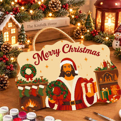 Fireside Jesus in a Santa Suit paint by numbers hanging sign – image 8