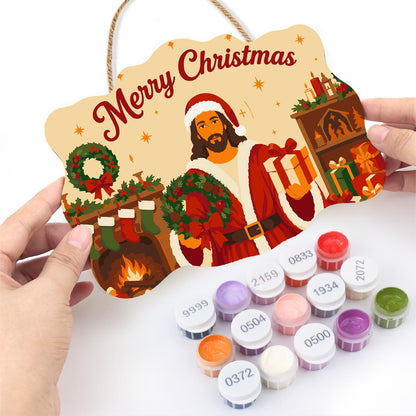 Fireside Jesus in a Santa Suit paint by numbers hanging sign – image 9