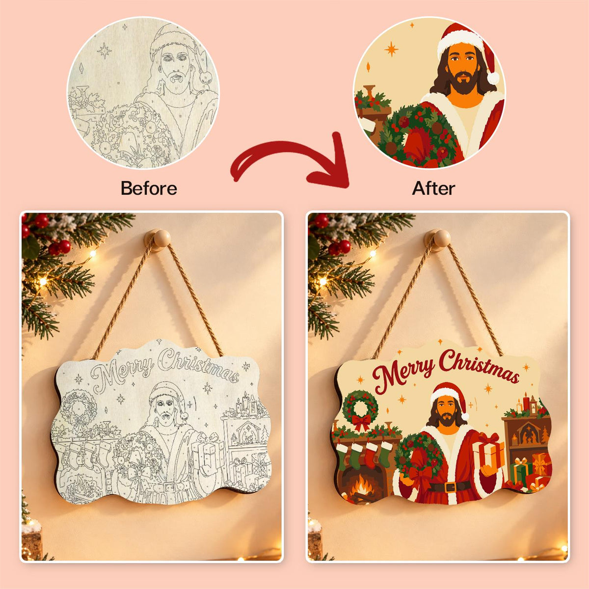 Fireside Jesus in a Santa Suit paint by numbers hanging sign – image 10