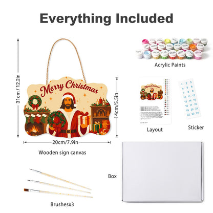 Fireside Jesus in a Santa Suit paint by numbers hanging sign – what's in the kit: the wooden sign, rope hanger, numbered paints and brushes