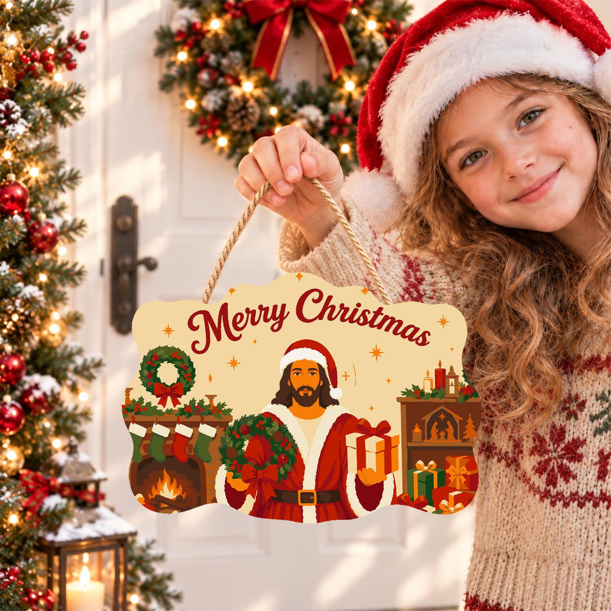 Fireside Jesus in a Santa Suit paint by numbers hanging sign – image 13
