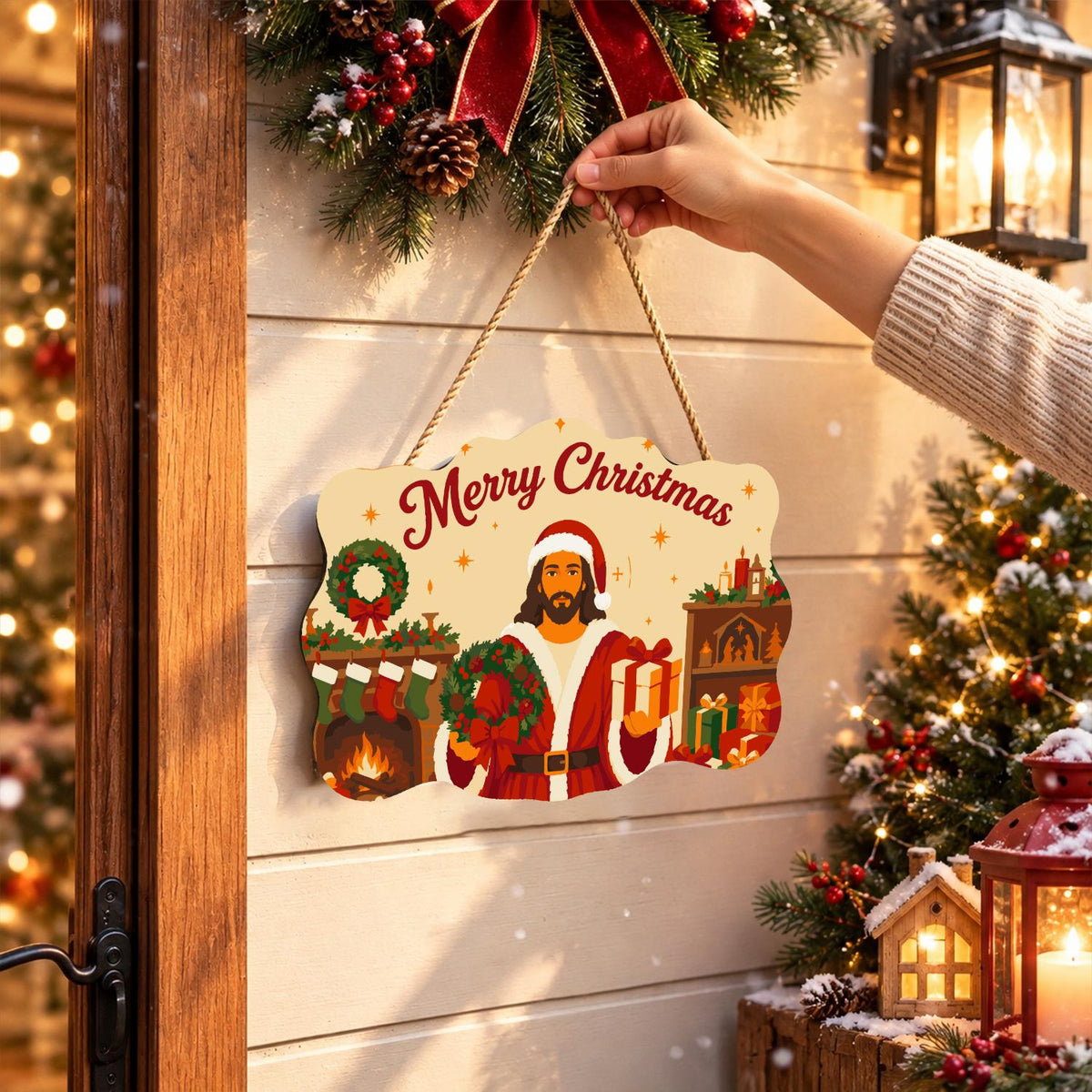 Fireside Jesus in a Santa Suit paint by numbers hanging sign – image 14