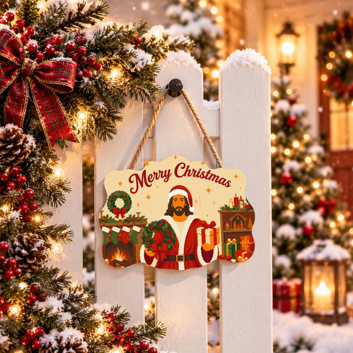 Fireside Jesus in a Santa Suit paint by numbers hanging sign – image 15