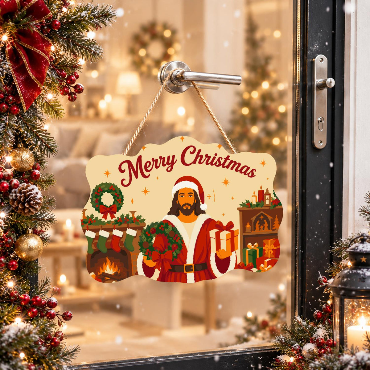 Fireside Jesus in a Santa Suit paint by numbers hanging sign – image 17