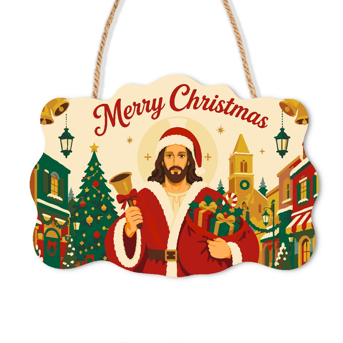 Bell-Ringing Jesus in Santa Coat paint by numbers hanging sign – Haloed Jesus in a Santa hat and red coat ringing a bell and holding gifts in a lamplit old town, on a wooden sign with a rope hanger