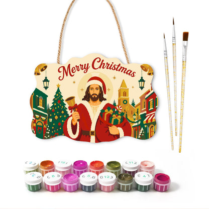 Bell-Ringing Jesus in Santa Coat paint by numbers hanging sign – image 2