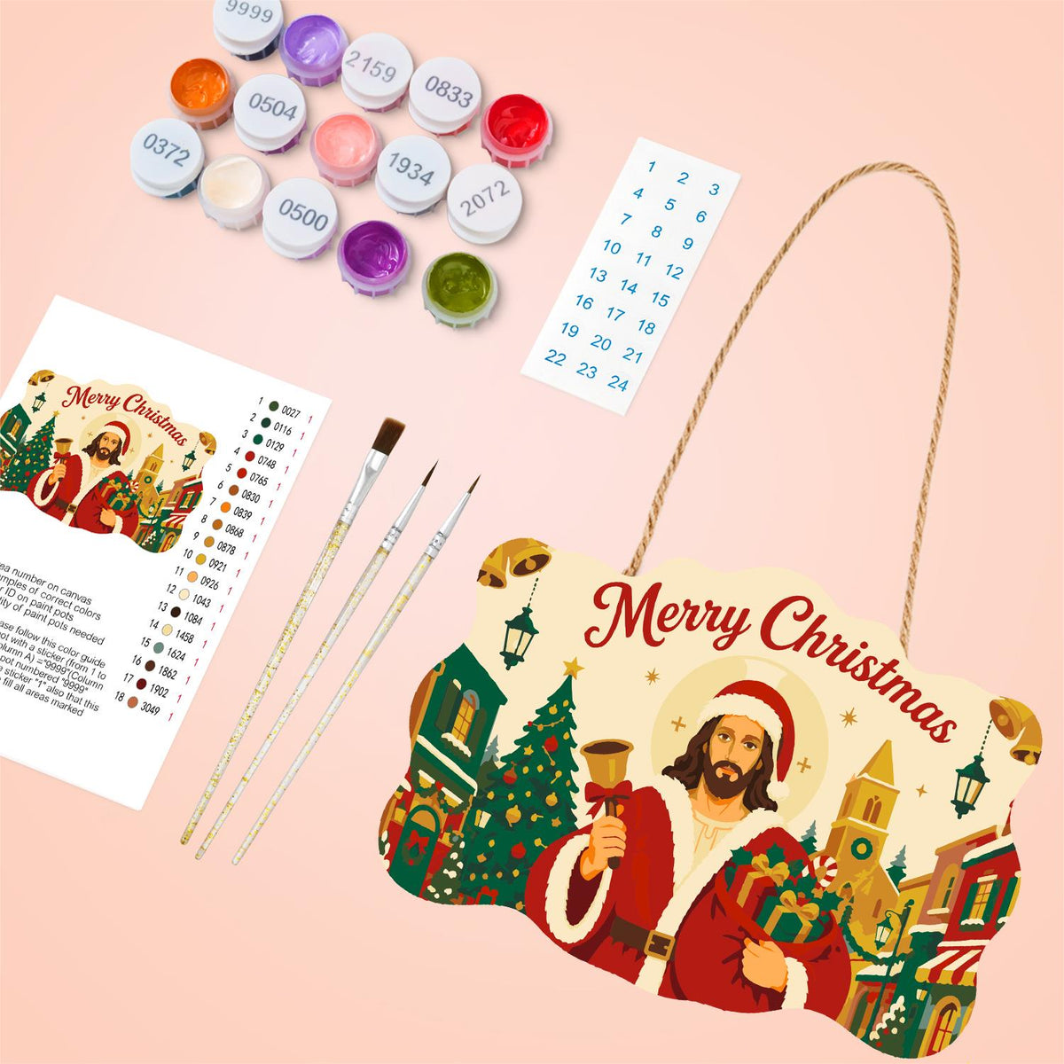 Bell-Ringing Jesus in Santa Coat paint by numbers hanging sign – image 4
