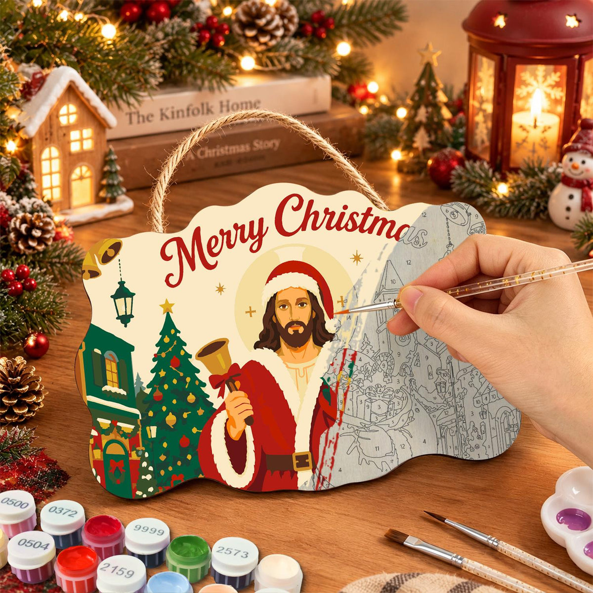 Bell-Ringing Jesus in Santa Coat paint by numbers hanging sign – image 7