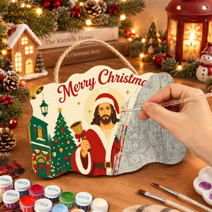 Bell-Ringing Jesus in Santa Coat paint by numbers hanging sign – image 7