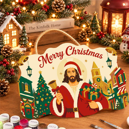 Bell-Ringing Jesus in Santa Coat paint by numbers hanging sign – image 8