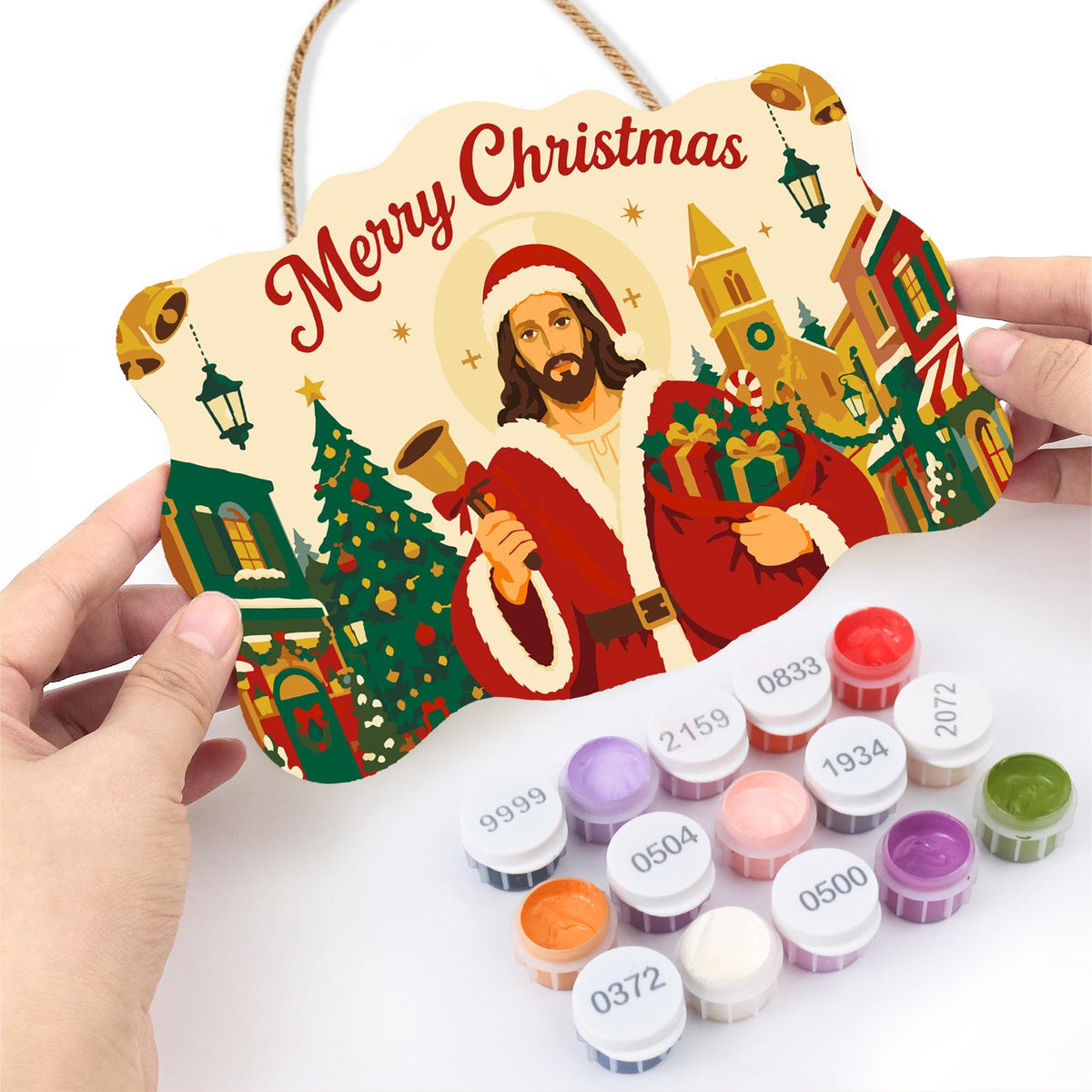 Bell-Ringing Jesus in Santa Coat paint by numbers hanging sign – image 9