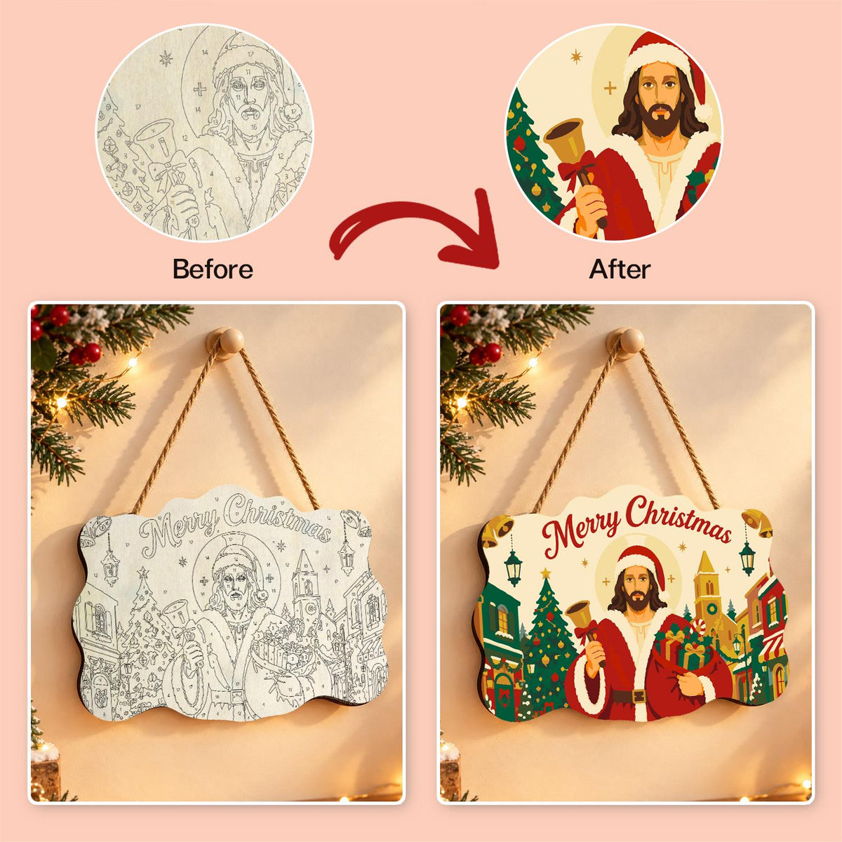 Bell-Ringing Jesus in Santa Coat paint by numbers hanging sign – image 10