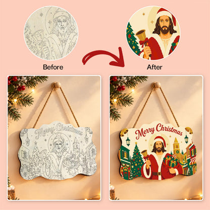 Bell-Ringing Jesus in Santa Coat paint by numbers hanging sign – image 10