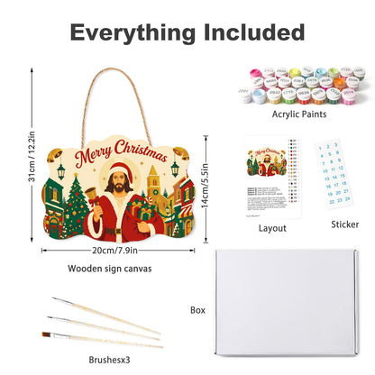 Bell-Ringing Jesus in Santa Coat paint by numbers hanging sign – what's in the kit: the wooden sign, rope hanger, numbered paints and brushes