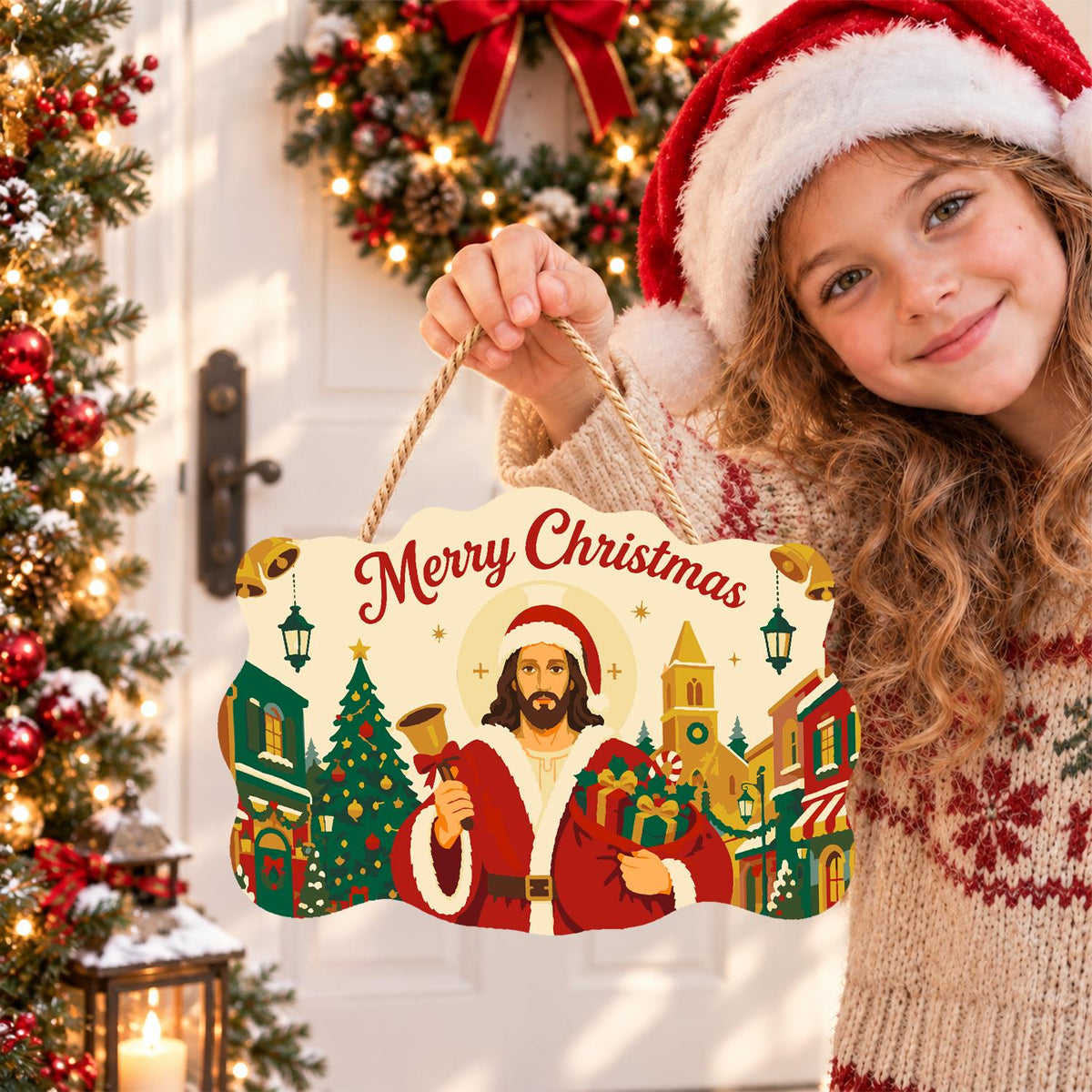 Bell-Ringing Jesus in Santa Coat paint by numbers hanging sign – image 13