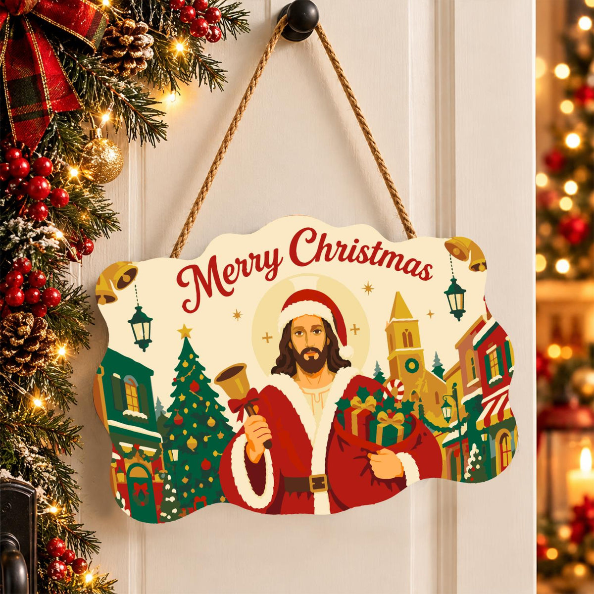 Bell-Ringing Jesus in Santa Coat paint by numbers hanging sign – image 16
