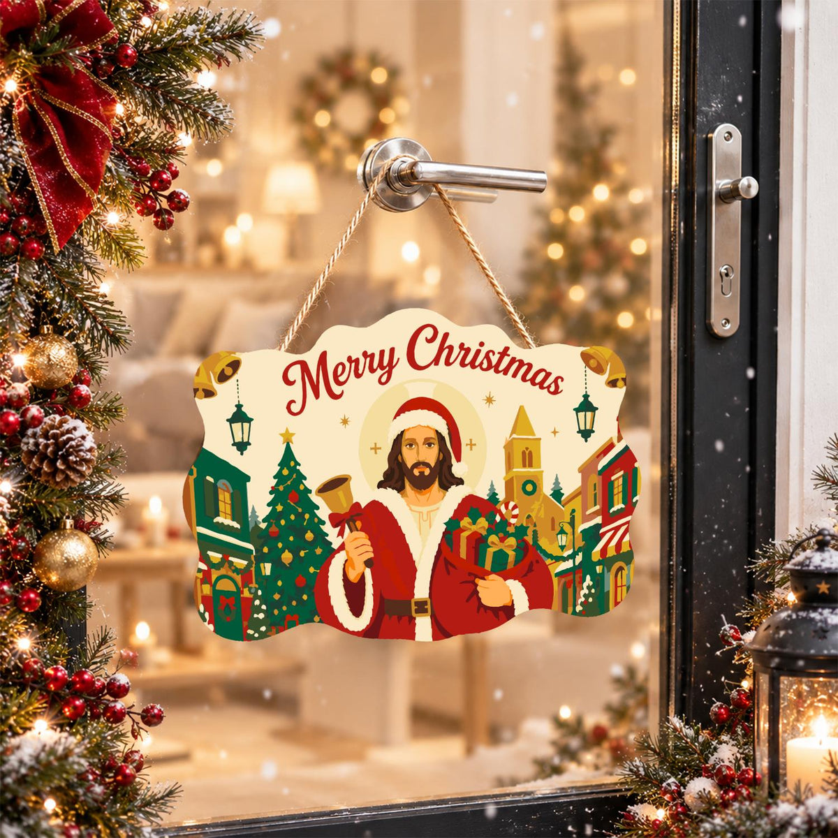 Bell-Ringing Jesus in Santa Coat paint by numbers hanging sign – image 17