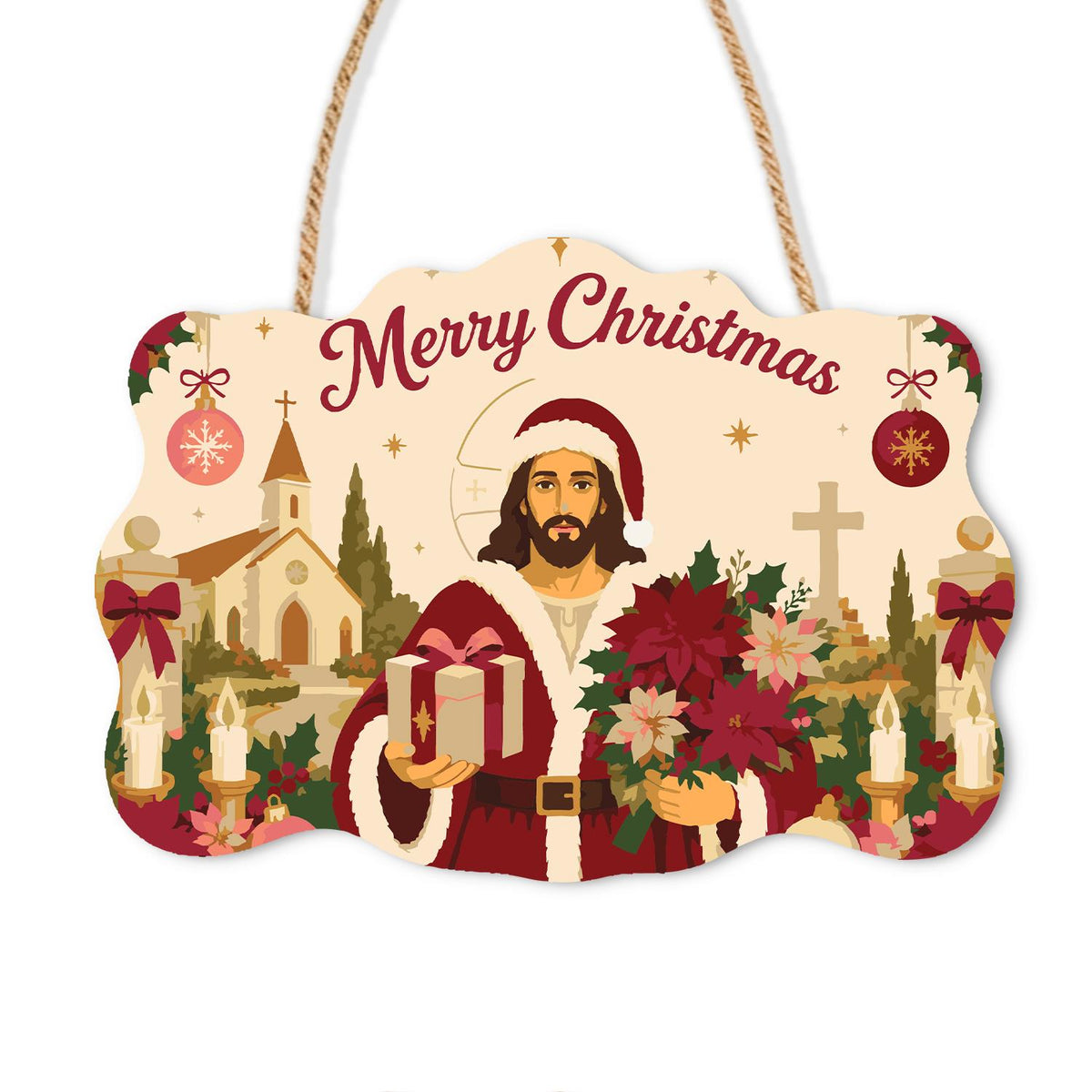 Poinsettia Jesus in Santa Coat paint by numbers hanging sign – Haloed Jesus in a Santa hat and red coat holding a gift and poinsettias beside a chapel, cross and candles, on a wooden sign with a rope hanger