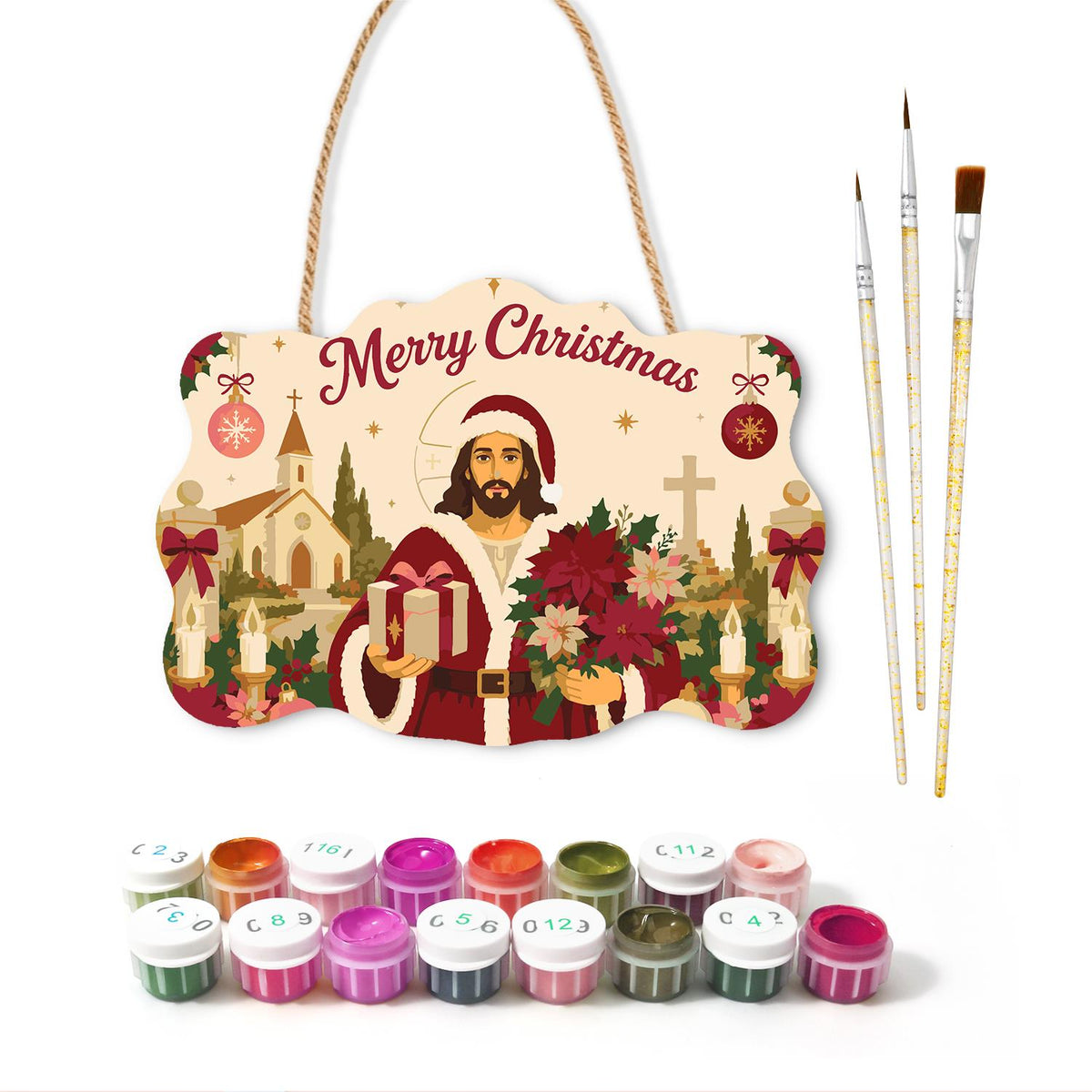 Poinsettia Jesus in Santa Coat paint by numbers hanging sign – image 2