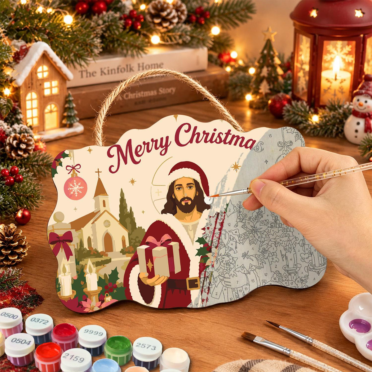 Poinsettia Jesus in Santa Coat paint by numbers hanging sign – image 7