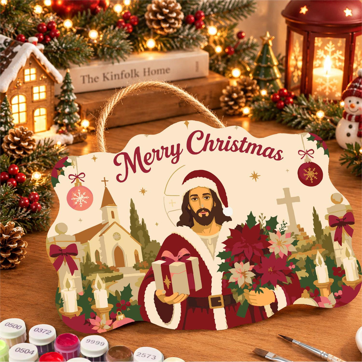Poinsettia Jesus in Santa Coat paint by numbers hanging sign – image 8