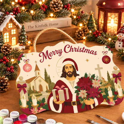 Poinsettia Jesus in Santa Coat paint by numbers hanging sign – image 8