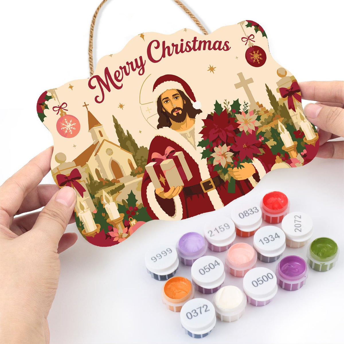 Poinsettia Jesus in Santa Coat paint by numbers hanging sign – image 9