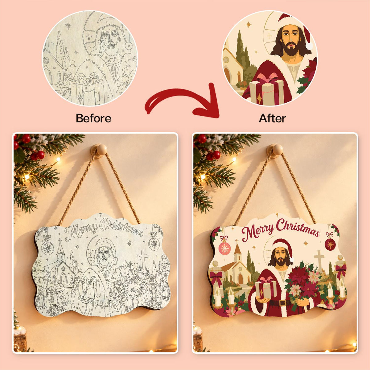Poinsettia Jesus in Santa Coat paint by numbers hanging sign – image 10