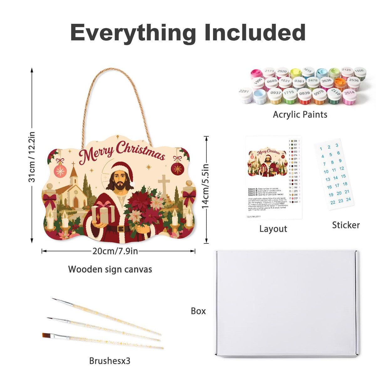 Poinsettia Jesus in Santa Coat paint by numbers hanging sign – what's in the kit: the wooden sign, rope hanger, numbered paints and brushes