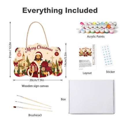 Poinsettia Jesus in Santa Coat paint by numbers hanging sign – what's in the kit: the wooden sign, rope hanger, numbered paints and brushes